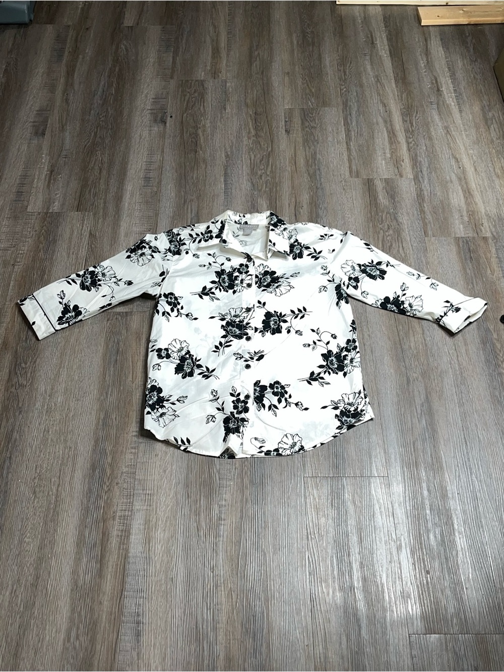 Women’s White Button-Down Shirt with‎ Black Floral Print
